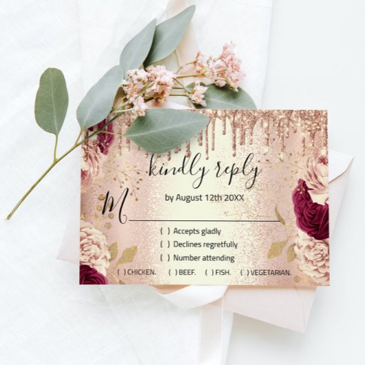 RSVP Mariage Paillettes Rose Doré Drips Bourgogne