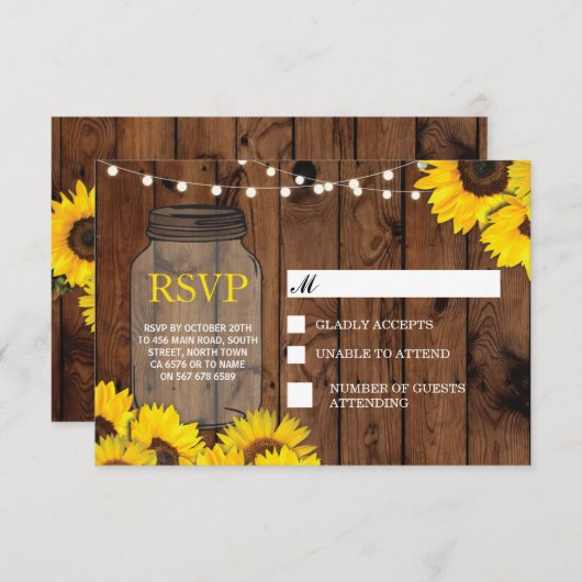 RSVP Mariage Rustic Jar Tournesols Répondre Cartes (Devant / Derrière)