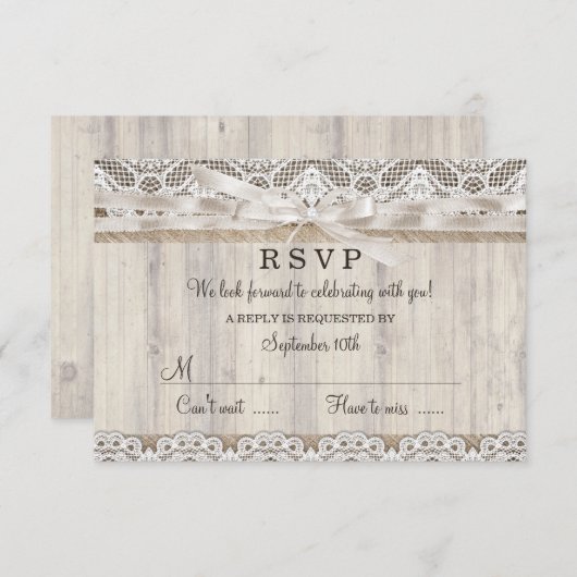 RSVP Mariage Rustique Vintage Broderie & Bois (Devant / Derrière)