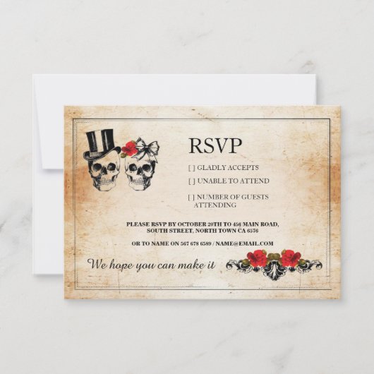 RSVP Mariage Skuls Crâne Roses de crâne Cartes rus (Devant)