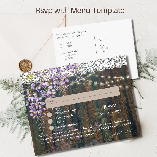 RSVP met Menu Sjabloon Rustic Wisteria Lace