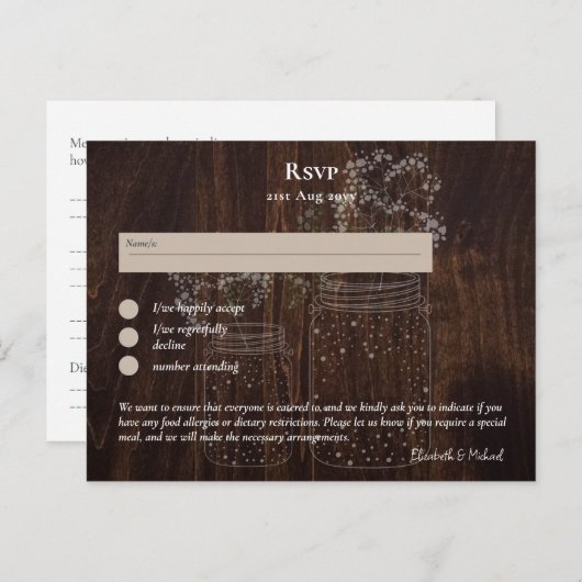 RSVP met Menu Sjabloon Rustic Wood Mason Jars (Voorkant / Achterkant)