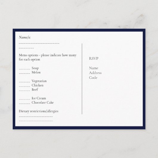 RSVP met menuSjabloon | Navy Blue Gold Briefkaart (Achterkant)
