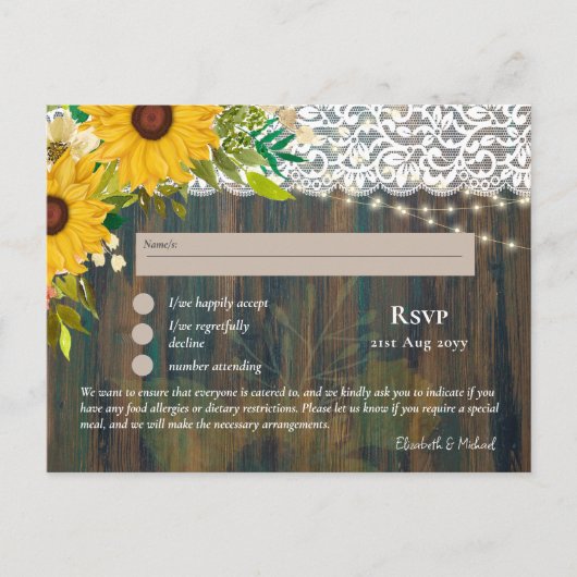 RSVP met menuSjabloon Rustic Sunflower Lace Briefkaart (Voorkant)