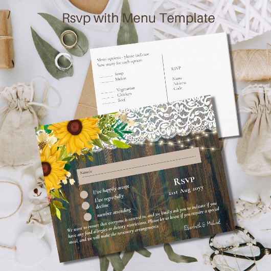 RSVP met menuSjabloon Rustic Sunflower Lace Briefkaart