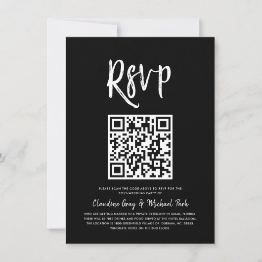 RSVP met QR-code | Solid Black Script Style RSVP i Kaart (Voorkant)