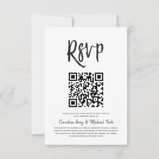 RSVP met QR-code | Zwart witscript Kaart (Voorkant)