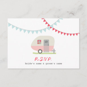 RSVP met roze retroketel en Bunting Wedding RSVP Kaartje