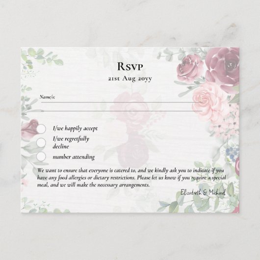 RSVP met Sjabloon van het Menu Burgundy Pink Roses (Voorkant)