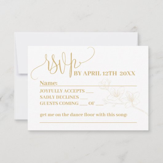 RSVP met Whimsy: Gold Flower & Script Reply Kaart (Voorkant)