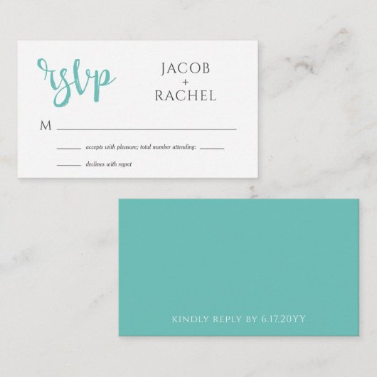RSVP Modern Script Turquoise Mariage Carte RSVP (Devant / Derrière)