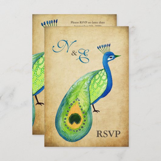 RSVP Monogram  Peacock Weddenkaarten (Voorkant / Achterkant)
