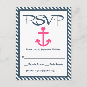 RSVP Nautisch Roze Anker Navy Blue Stripe Wedding Uitnodiging Briefkaart