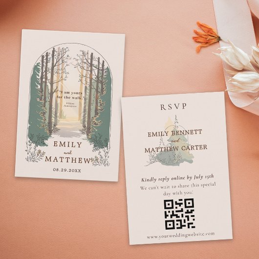 RSVP online QR Code Eenvoudig Elegant Rustiek Bos Informatiekaartje