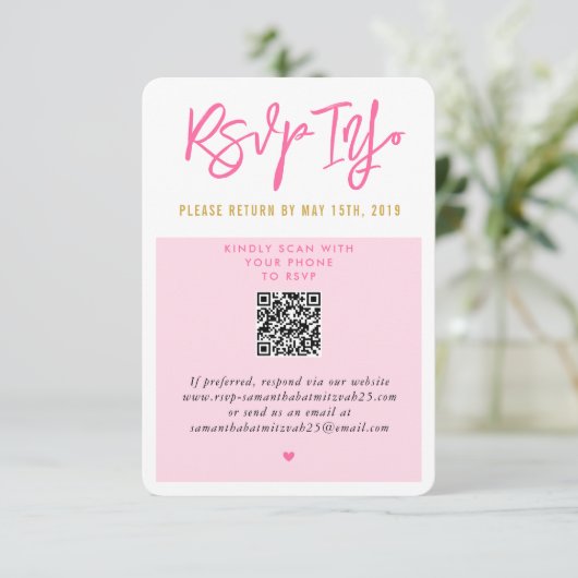 RSVP ONLINE roze witte harten gouden qrcode (Staand voorkant)