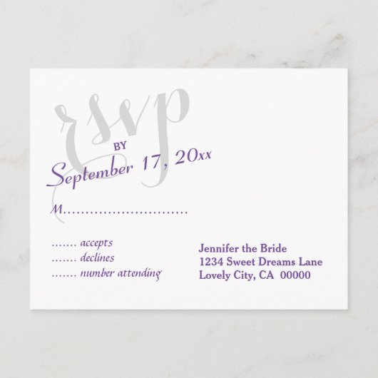 RSVP Paarse of ELKE KLEUR bruiloft reactie Uitnodiging Briefkaart (Achterkant)