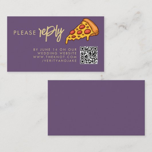 RSVP Paarse Sering Goud PIZZA Modern Minimaal Chic Informatiekaartje (Voorkant / Achterkant)