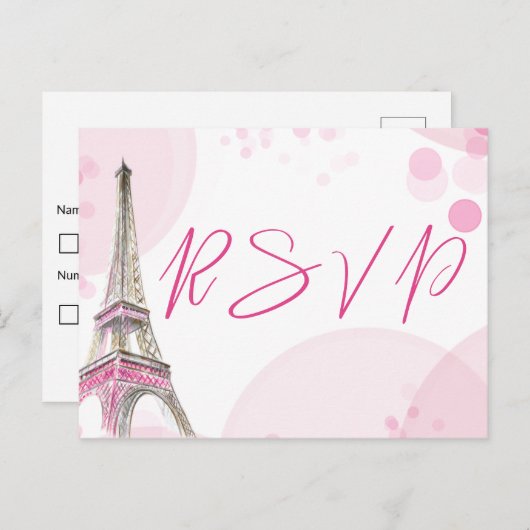 RSVP Paris Eiffeltoren Roze Wit Zoet 16 Uitnodiging Briefkaart (Voorkant / Achterkant)