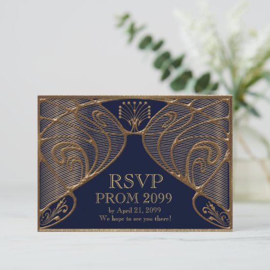 RSVP PROM, Grote Gatsby, goud op marineblauw Kaart (Staand voorkant)