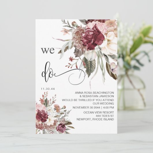 *~* RSVP QR AR15 Floral Burgundy Roos WEDDING Kaart (Staand voorkant)