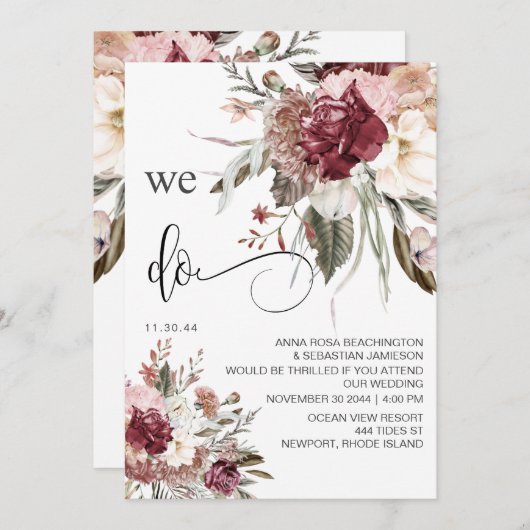 *~* RSVP QR AR15 Floral Burgundy Roos WEDDING Kaart (Voorkant / Achterkant)