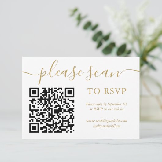 RSVP QR-code eenvoudig goud schrift foto (Staand voorkant)