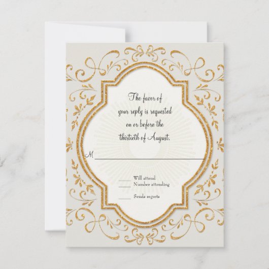 RSVP Quatrefoil Lijst Script Swirl Gold Glitter Kaartje (Voorkant)