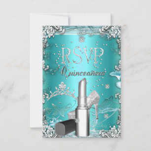 RSVP Quinceanera Feest Teal Tiara Lippenstift Scho Kaartje
