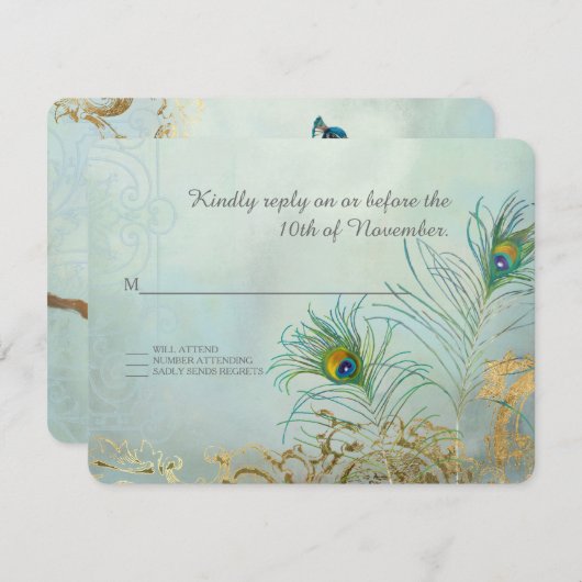 RSVP Reactie Peacock Veer Goud Elegant Bruiloft (Voorkant / Achterkant)