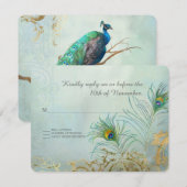 RSVP Reactie Peacock Veer Goud Elegant Bruiloft Kaartje (Voorkant / Achterkant)