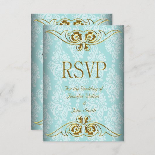 RSVP-reactie Trouw Teal Blauw Goud Damast RSVP Kaartje (Voorkant / Achterkant)
