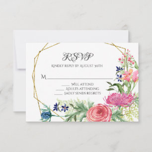 RSVP Réponse Aquarelle Florale Bleu Rose Fermes