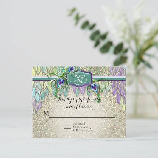 RSVP Respons Art Deco Peacock Feathers Script Art (Staand voorkant)