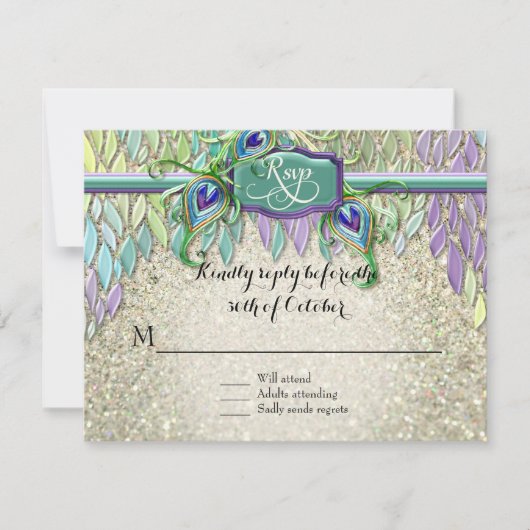 RSVP Respons Art Deco Peacock Feathers Script Art Kaartje (Voorkant)