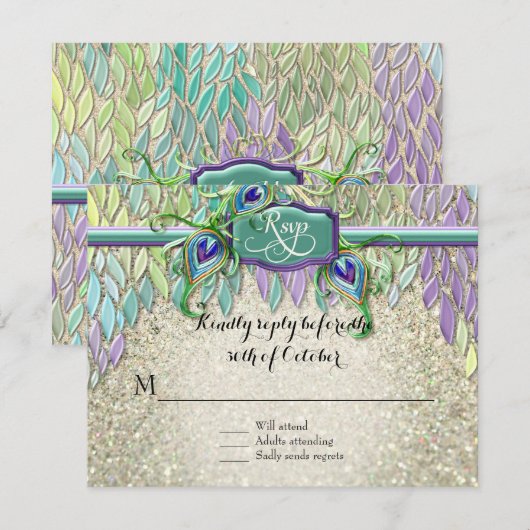 RSVP Respons Art Deco Peacock Feathers Script Art Kaartje (Voorkant / Achterkant)