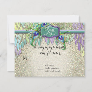 RSVP Respons Art Deco Peacock Feathers Script Art Kaartje