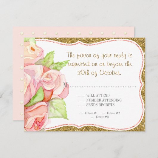 RSVP Respons Menu Weddenschap Waterverf Rose Bouqu (Voorkant / Achterkant)