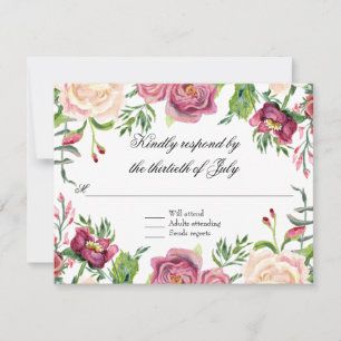 RSVP Respons Waterverf Navy Pink Floral Burgundy Kaartje