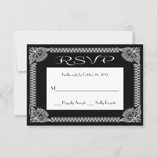 RSVP Retro RSVP Black en White Floral Response Kaartje (Voorkant)