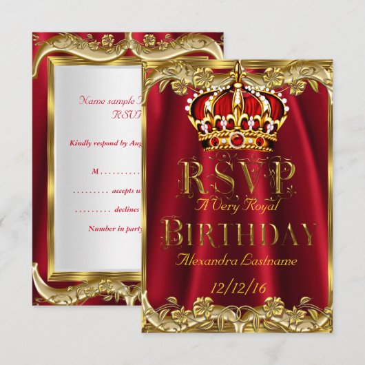 RSVP Royal Red Birthday Party Gold Crown (Voorkant / Achterkant)