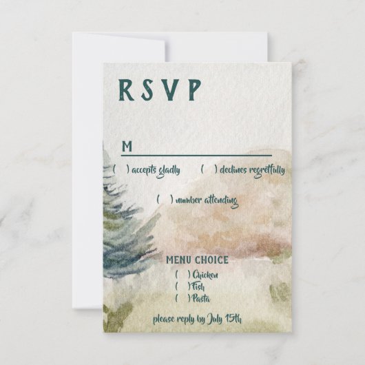 RSVP Rustic Mountain Arbor Evergreen Wedding Menu (Voorkant)