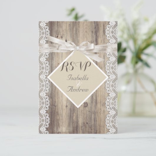 RSVP rustieke bruiloft beige witte kant hout (Staand voorkant)