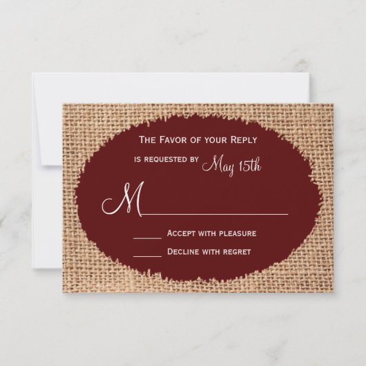 RSVP Rustisch land Burlap Maroon Red Wedding RSVP (Voorkant)