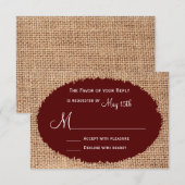 RSVP Rustisch land Burlap Maroon Red Wedding RSVP (Voorkant / Achterkant)