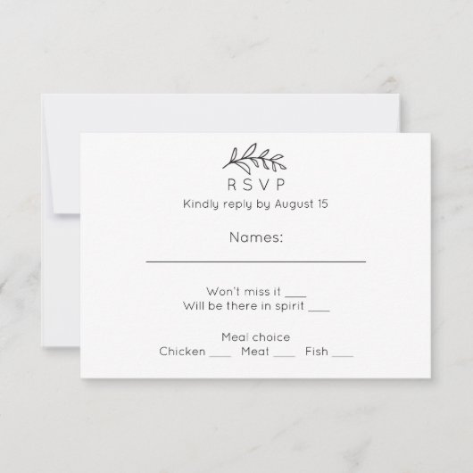 RSVP simple pour mariage. Carte de réponse noir et (Devant)