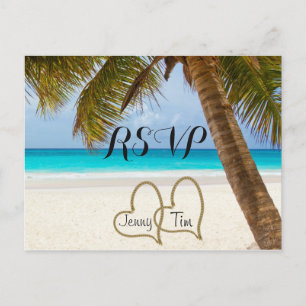RSVP strand liefde harten bruid palm zand surf dat Uitnodiging Briefkaart
