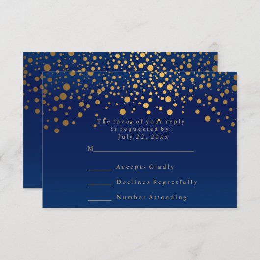 RSVP Stylish Navy Blue & Confetti Gold Dot Mariage (Devant / Derrière)