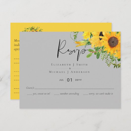 RSVP Sunflower gris jaune avec options de menu (Devant / Derrière)