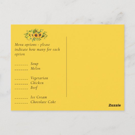 RSVP Sunflower gris jaune avec options de menu (Dos)