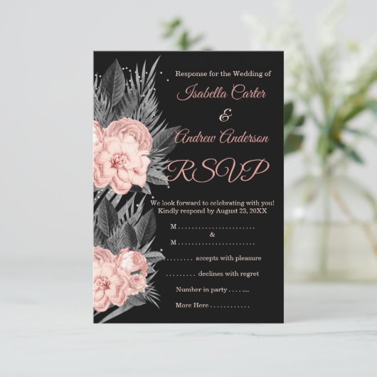 RSVP Trouw Blush Perzik Houtskool Bloem Zwart Kaart (Staand voorkant)